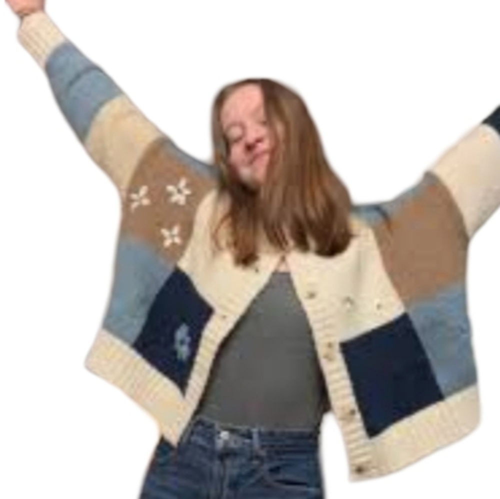 Luna Ivy 3D Crochet Oversized Patchwork Women's Floral Blue Tan Cardigan Sweater